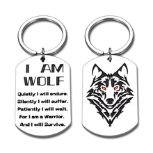 Load image into Gallery viewer, Fashion Wolf Keychain Inspirational Dog Tag Wolf Lover Fans Never Give up Jewelry Gifs Birthday Keyring Presents for Friend Teen Son Daughter Hubby Soldier Teammate Christmas Graduation