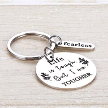 Load image into Gallery viewer, Cancer Awareness Keychain Cancer Survivor Gift for Men Women Recovery Jewelry Cancer Fighter Depression Prevention Awareness Inspirational Gift Life is Tough But I Am Tougher