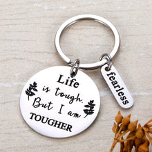 Load image into Gallery viewer, Cancer Awareness Keychain Cancer Survivor Gift for Men Women Recovery Jewelry Cancer Fighter Depression Prevention Awareness Inspirational Gift Life is Tough But I Am Tougher