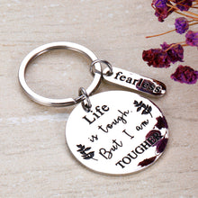 Load image into Gallery viewer, Cancer Awareness Keychain Cancer Survivor Gift for Men Women Recovery Jewelry Cancer Fighter Depression Prevention Awareness Inspirational Gift Life is Tough But I Am Tougher