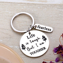 Load image into Gallery viewer, Cancer Awareness Keychain Cancer Survivor Gift for Men Women Recovery Jewelry Cancer Fighter Depression Prevention Awareness Inspirational Gift Life is Tough But I Am Tougher