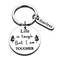 Load image into Gallery viewer, Cancer Awareness Keychain Cancer Survivor Gift for Men Women Recovery Jewelry Cancer Fighter Depression Prevention Awareness Inspirational Gift Life is Tough But I Am Tougher