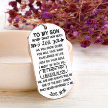Load image into Gallery viewer, Inspirational Gif to Son from Mom Stepmother I Love You Keychain Birthday Encouragement Graduation Valentines Back to School Going Away Gif Keyring for Teen Boys Stepson Teenage Men Him Silver