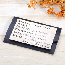 Load image into Gallery viewer, Metal Wallet Insert Card for Son Gift from Mom Inspiration Gifts Never Give Up Encouragement Wallet Card Insert Graduation Birthday Christmas Gift for Men Women Boys Girls Best Friends Students Teens