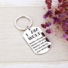 Load image into Gallery viewer, Fashion Wolf Keychain Inspirational Dog Tag Wolf Lover Fans Never Give up Jewelry Gifs Birthday Keyring Presents for Friend Teen Son Daughter Hubby Soldier Teammate Christmas Graduation