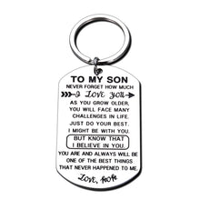 Load image into Gallery viewer, Inspirational Gif to Son from Mom Stepmother I Love You Keychain Birthday Encouragement Graduation Valentines Back to School Going Away Gif Keyring for Teen Boys Stepson Teenage Men Him Silver