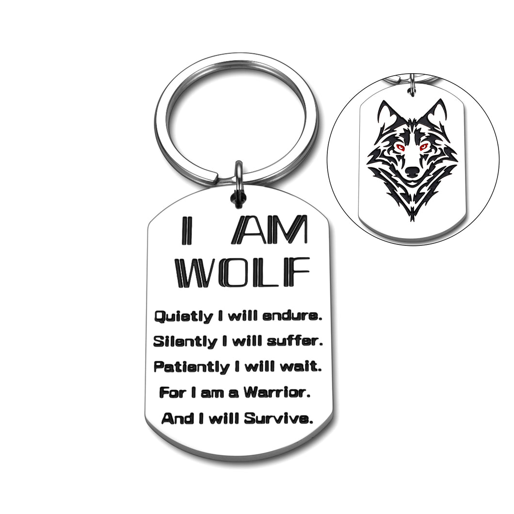 Fashion Wolf Keychain Inspirational Dog Tag Wolf Lover Fans Never Give up Jewelry Gifs Birthday Keyring Presents for Friend Teen Son Daughter Hubby Soldier Teammate Christmas Graduation