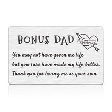 Load image into Gallery viewer, Bonus Dad Gifts Wallet Insert Card from Kids Wife Fathers Day Father-in-Law Day Birthday Wedding Christmas Thanksgiving Day Gifts for Stepdad Bonus Dad Engraved Wallet Card Inserts from Son Daughter
