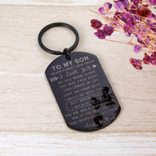 Load image into Gallery viewer, Inspirational Gif to Son from Mom Stepmother I Love You Keychain Birthday Encouragement Graduation Valentines Back to School Going Away Gif Keyring for Teen Boys Stepson Teenage Men Him Black
