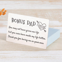 Load image into Gallery viewer, Bonus Dad Gifts Wallet Insert Card from Kids Wife Fathers Day Father-in-Law Day Birthday Wedding Christmas Thanksgiving Day Gifts for Stepdad Bonus Dad Engraved Wallet Card Inserts from Son Daughter

